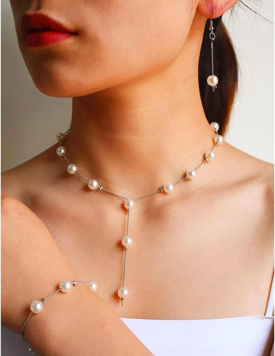 Simulated Pearl Wedding Jewelry Set - Faux Pearl Necklace, Bracelet, Earrings - Adjustable Y-Shaped Necklace - Dainty Bridesmaid Gifts