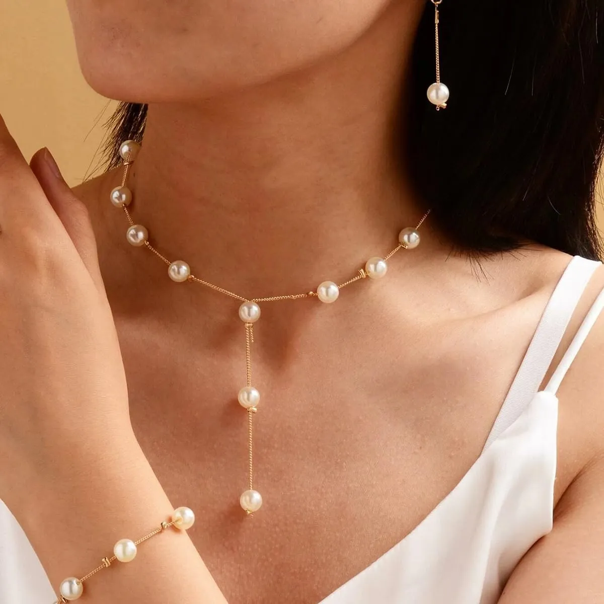 Simulated Pearl Wedding Jewelry Set - Faux Pearl Necklace, Bracelet, Earrings - Adjustable Y-Shaped Necklace - Dainty Bridesmaid Gifts