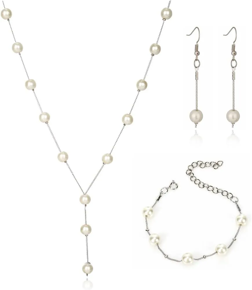 Simulated Pearl Wedding Jewelry Set - Faux Pearl Necklace, Bracelet, Earrings - Adjustable Y-Shaped Necklace - Dainty Bridesmaid Gifts
