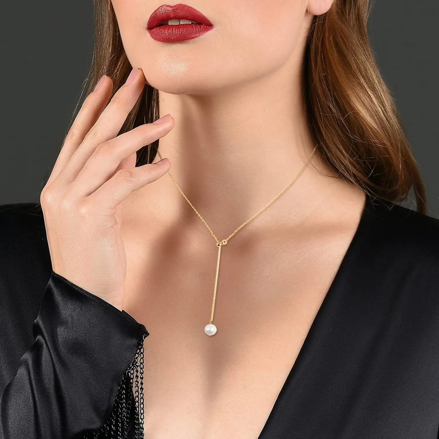Single Natural-Pearl Adjustable Y-Shape Choker Necklace - Rose Gold / 18K Gold / White Gold Plated Ladies 1MM Tiny Chain Dainty Drop Dangle Pearl Necklace, Wedding Valentine Mother day Pearl Jewelry Gifts for Women.