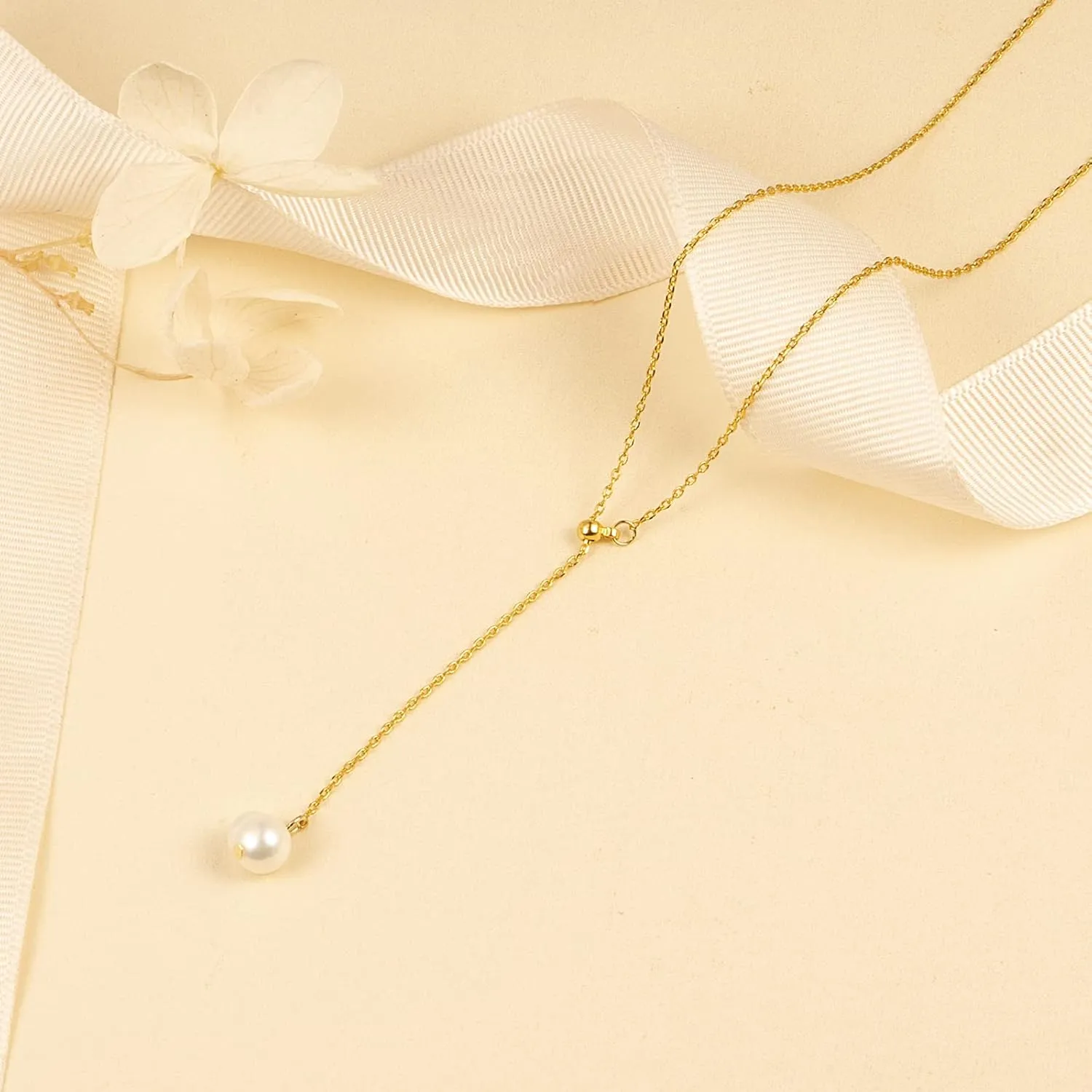 Single Natural-Pearl Adjustable Y-Shape Choker Necklace - Rose Gold / 18K Gold / White Gold Plated Ladies 1MM Tiny Chain Dainty Drop Dangle Pearl Necklace, Wedding Valentine Mother day Pearl Jewelry Gifts for Women.