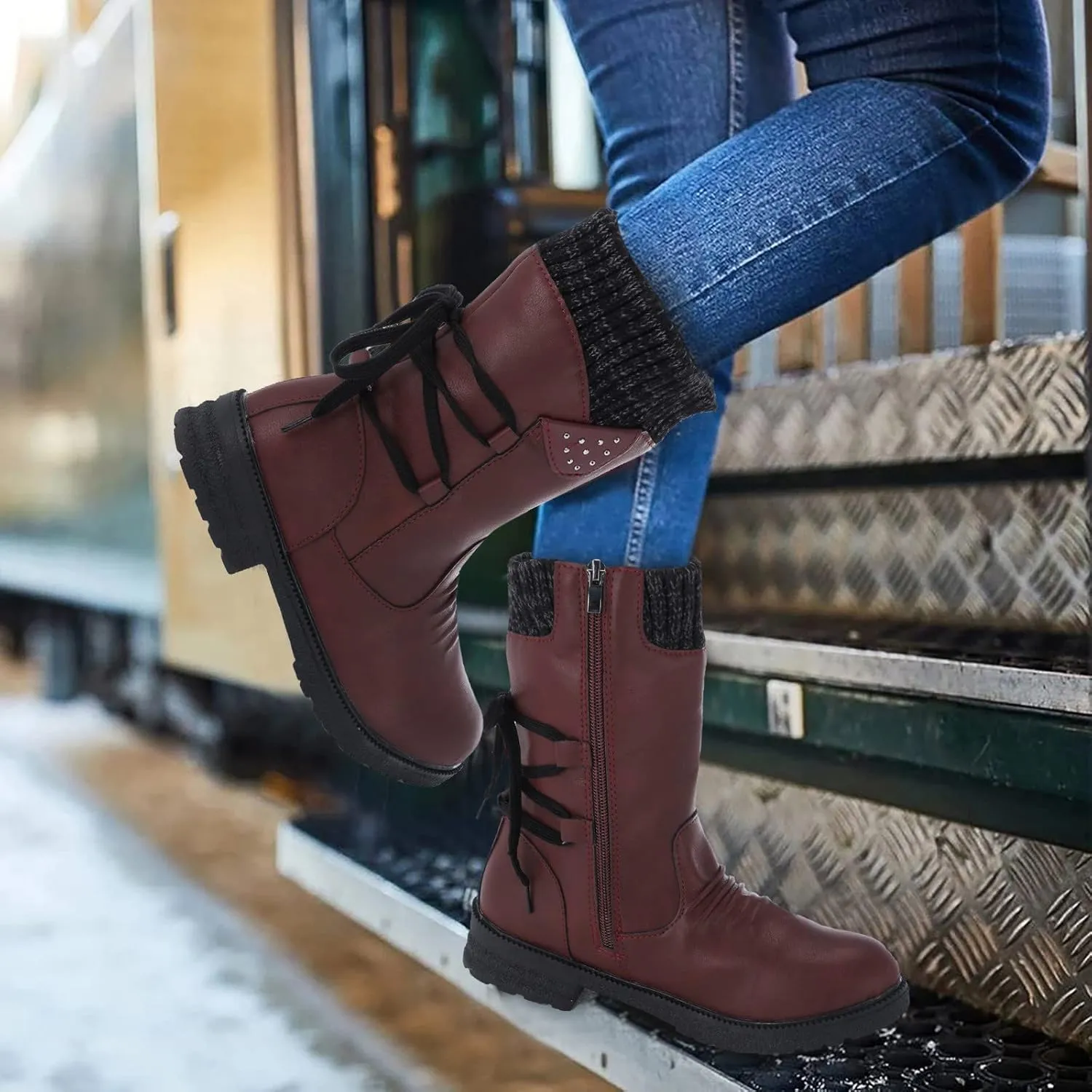 Slip on Winter Boots for Women Tall Womens Tall Waterproof Rubber Boots R Warm for Snow Women's Leather Winter Boots White Snow Boots Waterproof Calf Botas De Invierno Para Mujeres Bajitas