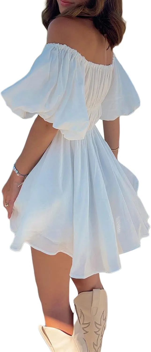 SOLILOQUY Women Off Shoulder Puff Long Sleeve Ruffle Sweetheart Neck Tie Front Flare Mini Dress Sweet Sun Dress