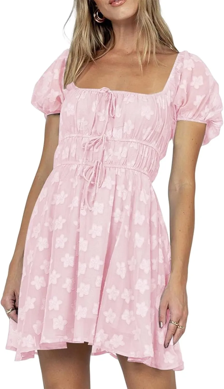 SOLILOQUY Women Off Shoulder Puff Long Sleeve Ruffle Sweetheart Neck Tie Front Flare Mini Dress Sweet Sun Dress