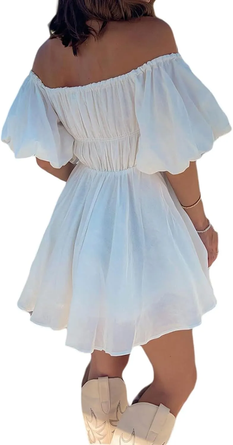 SOLILOQUY Women Off Shoulder Puff Long Sleeve Ruffle Sweetheart Neck Tie Front Flare Mini Dress Sweet Sun Dress
