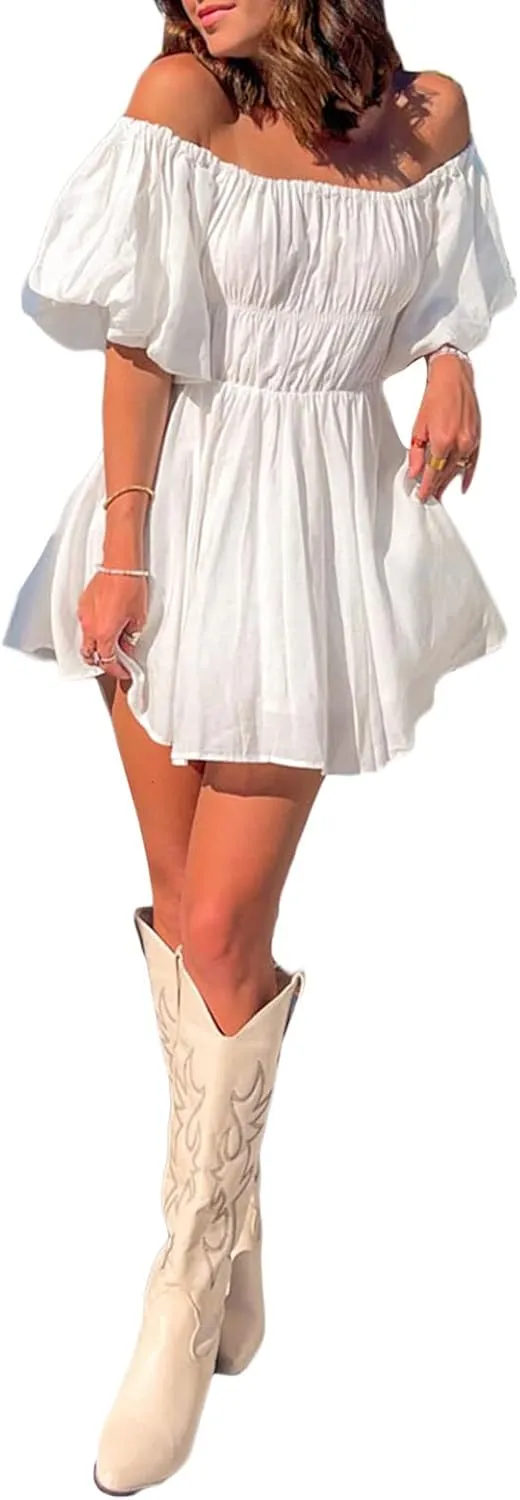 SOLILOQUY Women Off Shoulder Puff Long Sleeve Ruffle Sweetheart Neck Tie Front Flare Mini Dress Sweet Sun Dress
