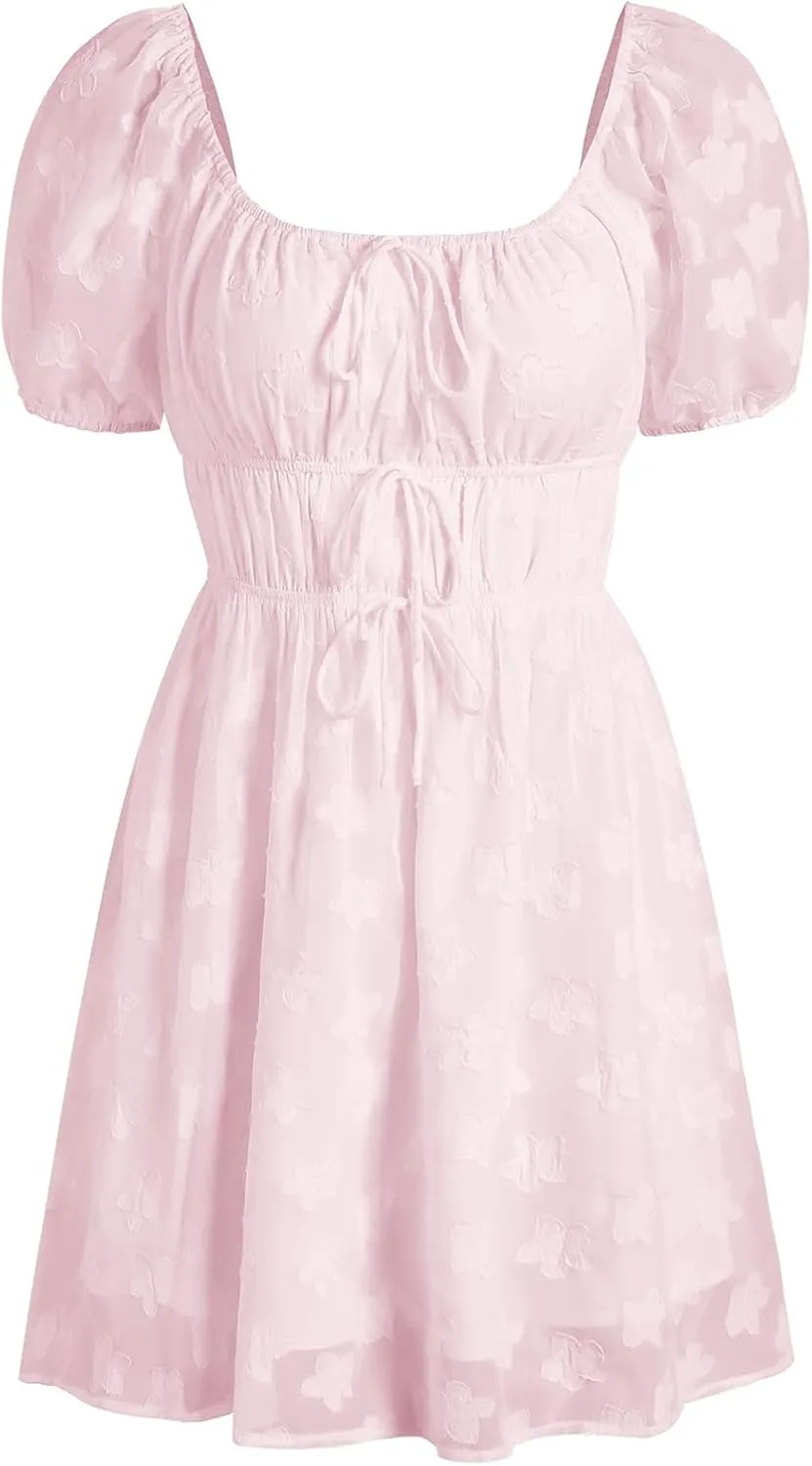 SOLILOQUY Women Off Shoulder Puff Long Sleeve Ruffle Sweetheart Neck Tie Front Flare Mini Dress Sweet Sun Dress
