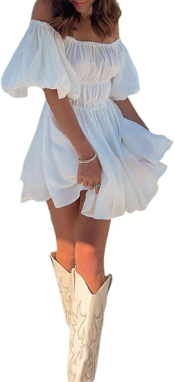 SOLILOQUY Women Off Shoulder Puff Long Sleeve Ruffle Sweetheart Neck Tie Front Flare Mini Dress Sweet Sun Dress