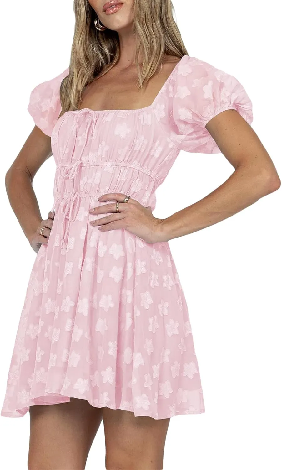 SOLILOQUY Women Off Shoulder Puff Long Sleeve Ruffle Sweetheart Neck Tie Front Flare Mini Dress Sweet Sun Dress