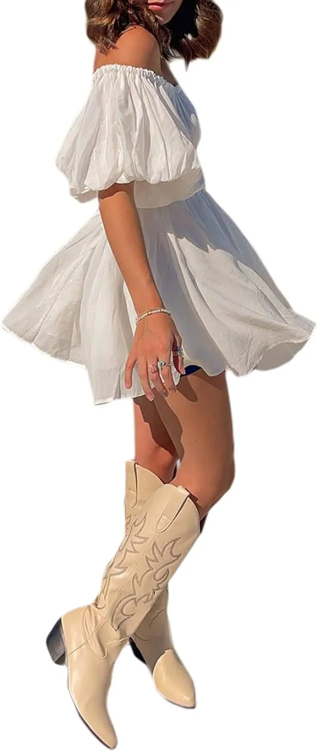 SOLILOQUY Women Off Shoulder Puff Long Sleeve Ruffle Sweetheart Neck Tie Front Flare Mini Dress Sweet Sun Dress