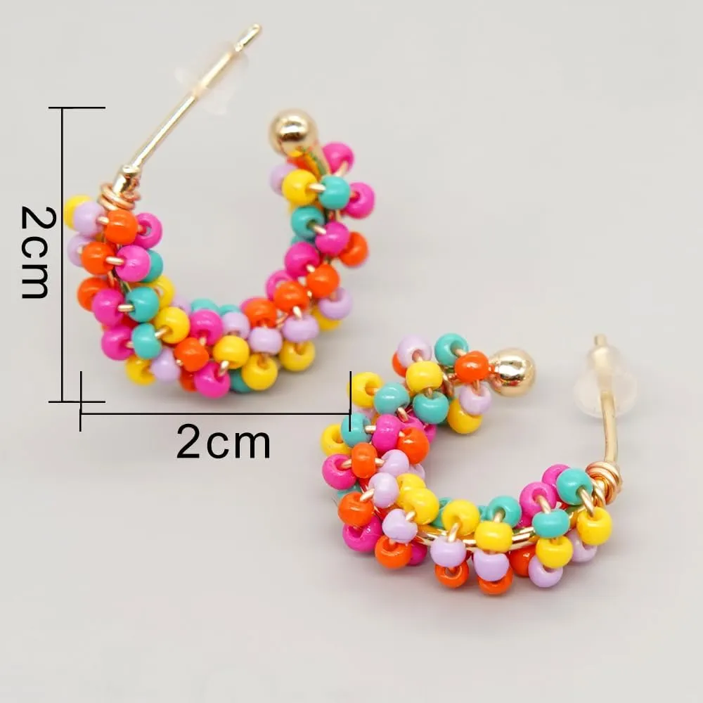Sonateomber Boho Beaded Open Gold Hoop Earrings for Women, Cute Handmade Small Colorful Seed Beads Bohemia Half Huggie Cartilage Hypoallergenic Stud Prom Holiday Jewelry Gift