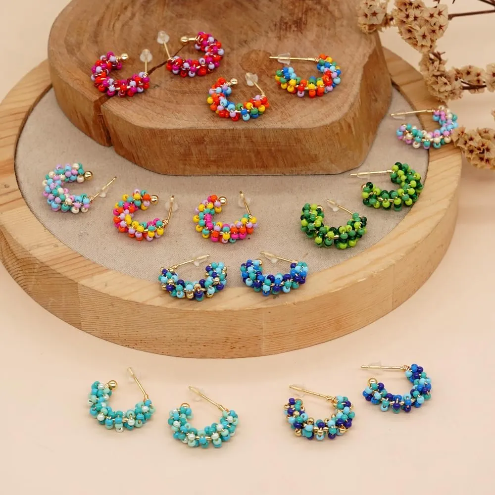 Sonateomber Boho Beaded Open Gold Hoop Earrings for Women, Cute Handmade Small Colorful Seed Beads Bohemia Half Huggie Cartilage Hypoallergenic Stud Prom Holiday Jewelry Gift