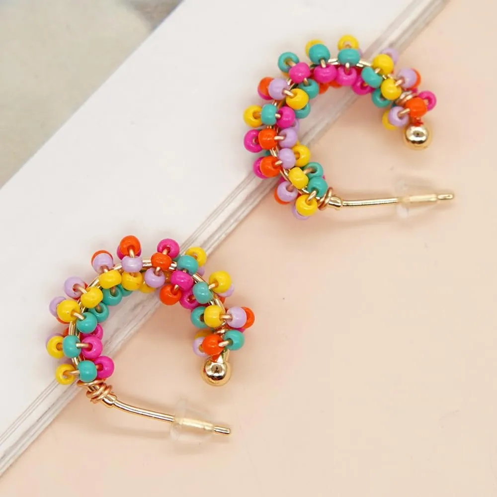 Sonateomber Boho Beaded Open Gold Hoop Earrings for Women, Cute Handmade Small Colorful Seed Beads Bohemia Half Huggie Cartilage Hypoallergenic Stud Prom Holiday Jewelry Gift