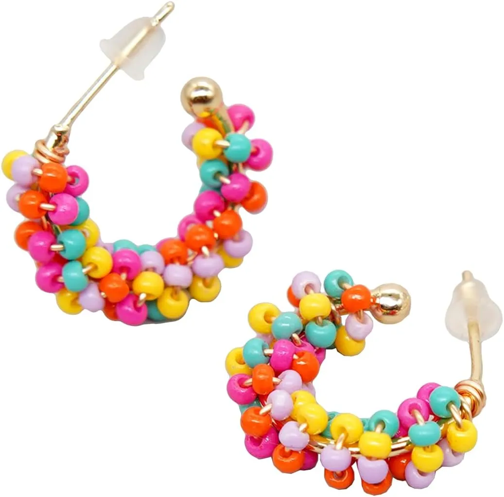 Sonateomber Boho Beaded Open Gold Hoop Earrings for Women, Cute Handmade Small Colorful Seed Beads Bohemia Half Huggie Cartilage Hypoallergenic Stud Prom Holiday Jewelry Gift
