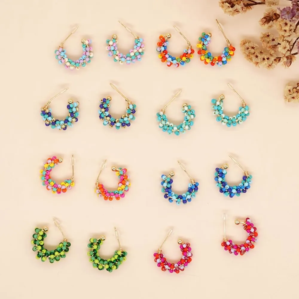 Sonateomber Boho Beaded Open Gold Hoop Earrings for Women, Cute Handmade Small Colorful Seed Beads Bohemia Half Huggie Cartilage Hypoallergenic Stud Prom Holiday Jewelry Gift