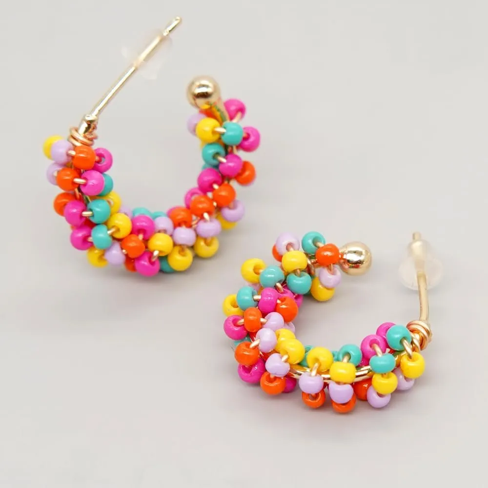 Sonateomber Boho Beaded Open Gold Hoop Earrings for Women, Cute Handmade Small Colorful Seed Beads Bohemia Half Huggie Cartilage Hypoallergenic Stud Prom Holiday Jewelry Gift