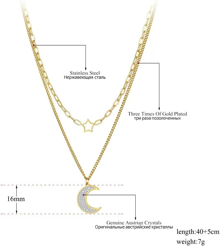 Stainless Steel Layered Choker Necklace for Women, Celestial Pave Moon and Star Charms, Silver Tone Finish