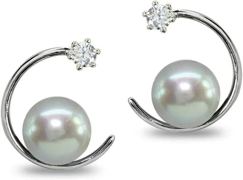 Sterling Silver Cultured Freshwater Pearl & CZ Half Round Drop Earrings