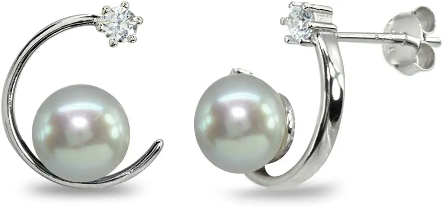 Sterling Silver Cultured Freshwater Pearl & CZ Half Round Drop Earrings