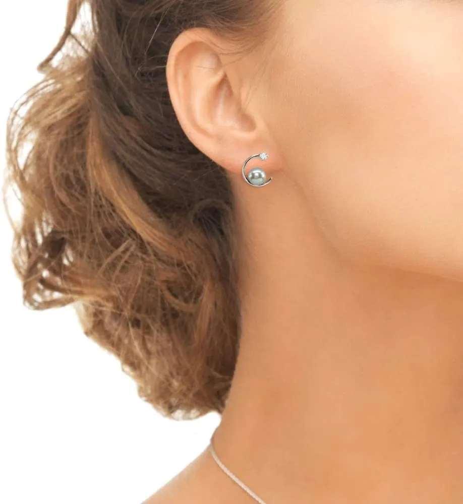 Sterling Silver Cultured Freshwater Pearl & CZ Half Round Drop Earrings