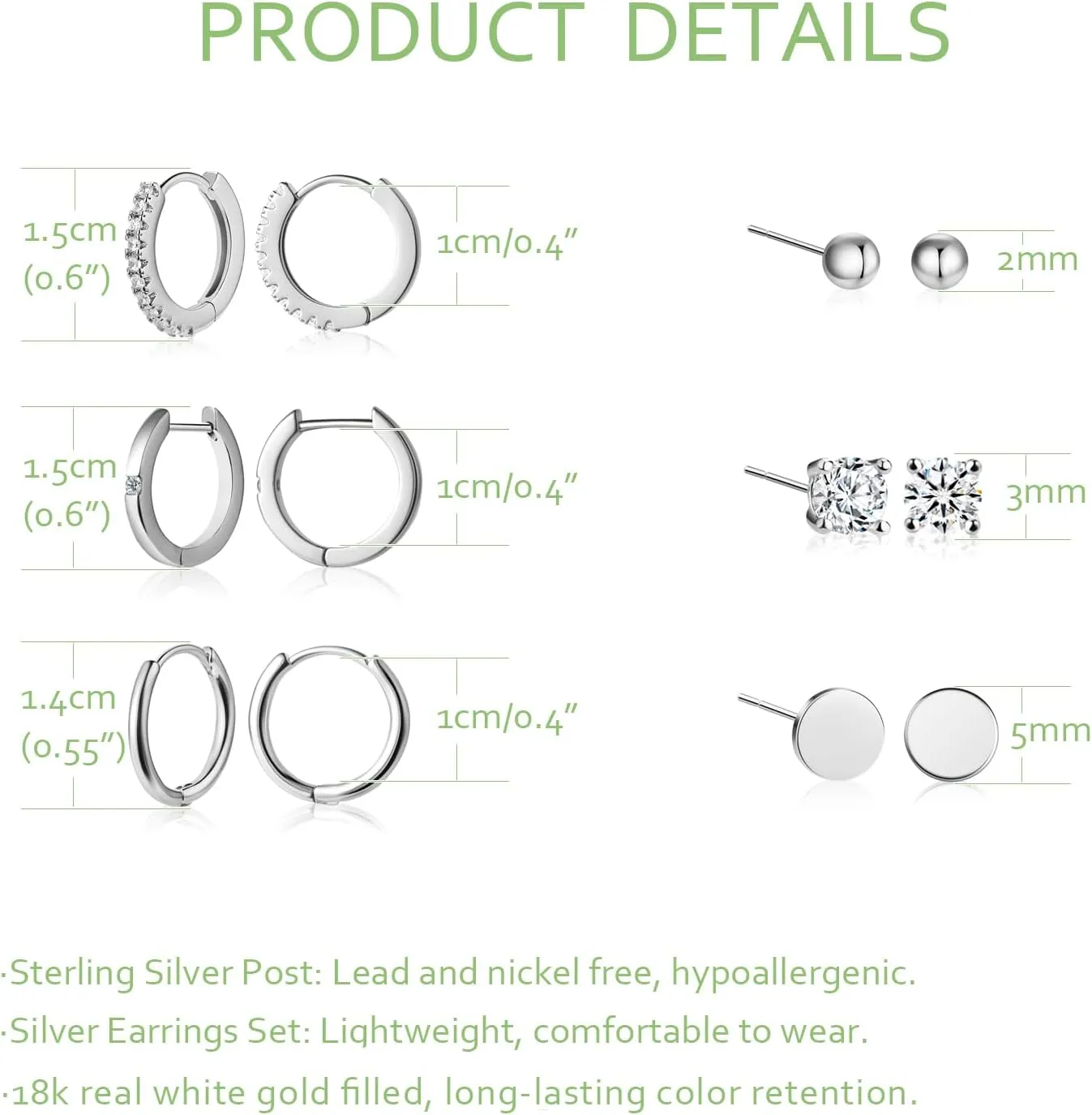 Stud and Hoop Earrings Set for Women 18K Gold Filled CZ Small Ball Studs Huggie Earrings Hypoallergenic Cartilage Earring Sets for Multiple Piercing