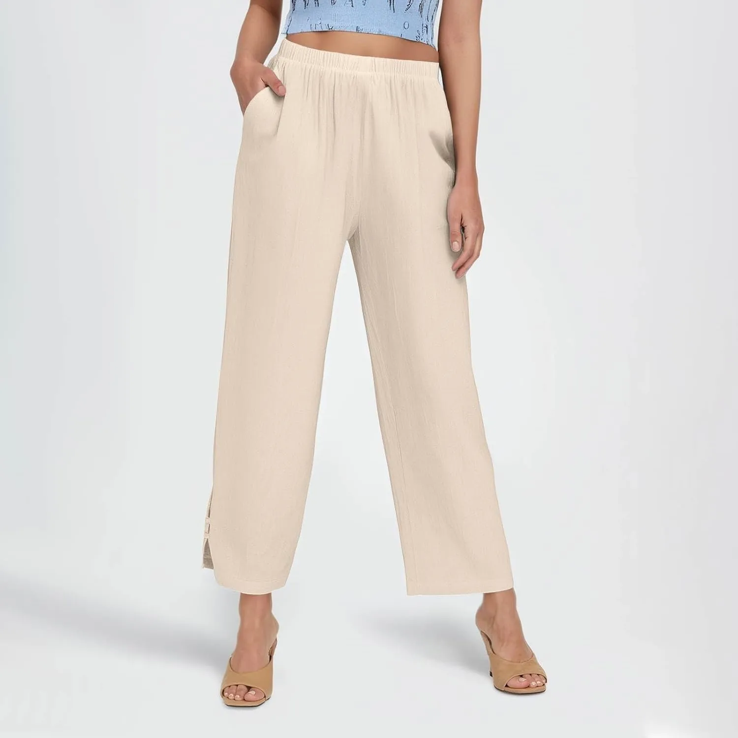 Summer Palazzo Pants for Women Loose High Rise Capri Pants Comfy Baggy Cropped Elastic with Pocket Trousers Solid 2025