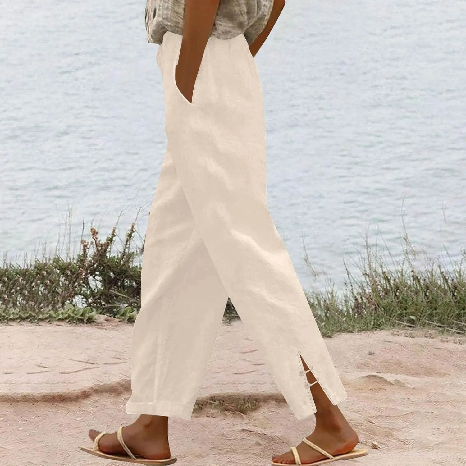 Summer Palazzo Pants for Women Loose High Rise Capri Pants Comfy Baggy Cropped Elastic with Pocket Trousers Solid 2025