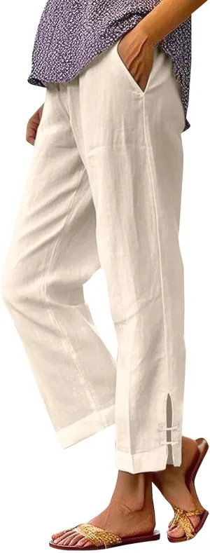 Summer Palazzo Pants for Women Loose High Rise Capri Pants Comfy Baggy Cropped Elastic with Pocket Trousers Solid 2025