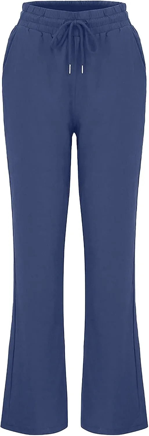 Summer Pants for Women Casual Loose Fit Cotton Linen Pant Soft Lightweight Elastic Waist Lounge Long Trousers