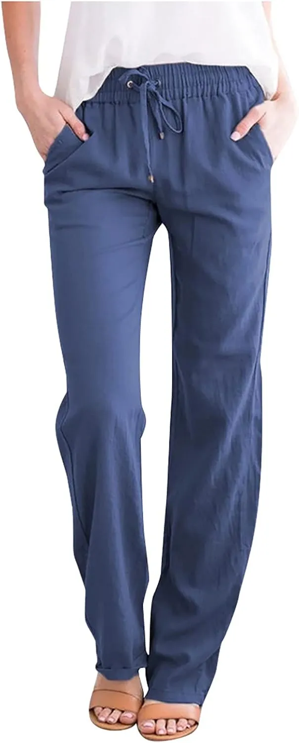 Summer Pants for Women Casual Loose Fit Cotton Linen Pant Soft Lightweight Elastic Waist Lounge Long Trousers
