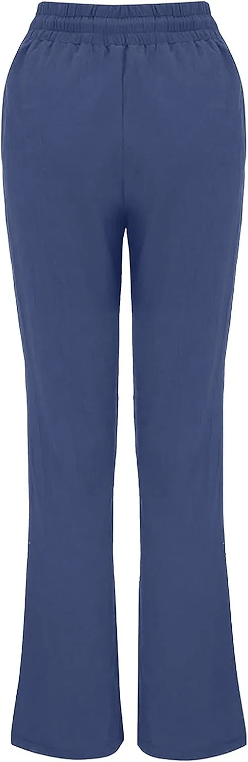 Summer Pants for Women Casual Loose Fit Cotton Linen Pant Soft Lightweight Elastic Waist Lounge Long Trousers