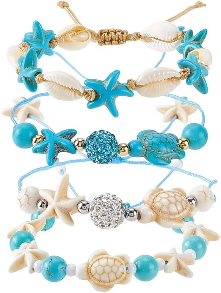 SUNNYCLUE 4 Styles Sea Turtle Bracelet Shell Anklet Summer Hawaii Boho Ocean Anklets Synthetic Turquoise Beads Adjustable Braid Fashion Starfish Bracelets Set for Women Men Supplies