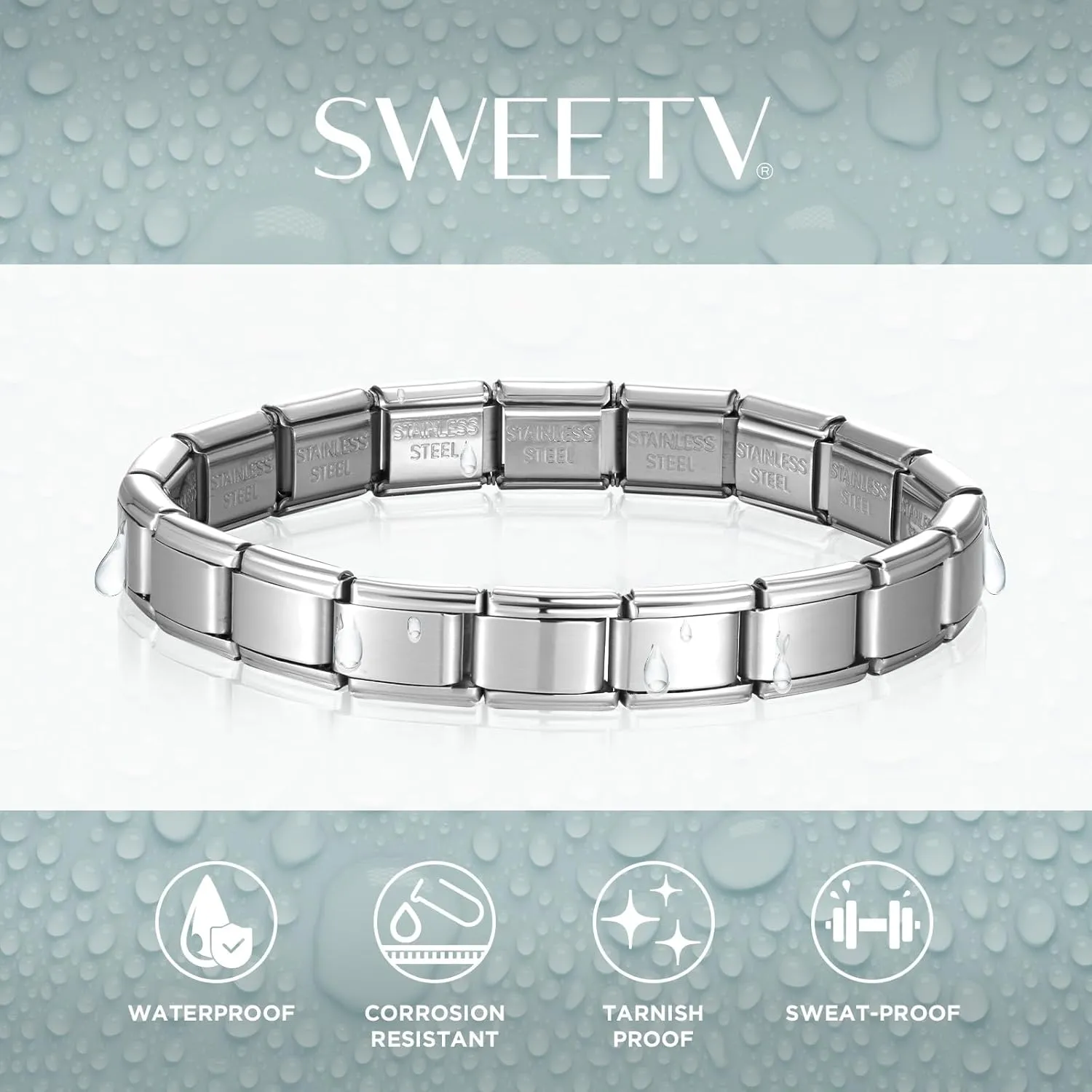 SWEETV Stainless Steel 18 Link Polish Italian Charm Bracelet with 1Pcs Starter Brascelet, 9Pcs Charms and Opening Tools, Classic 9mm Modular Charm, Personalized Jewelry Gift