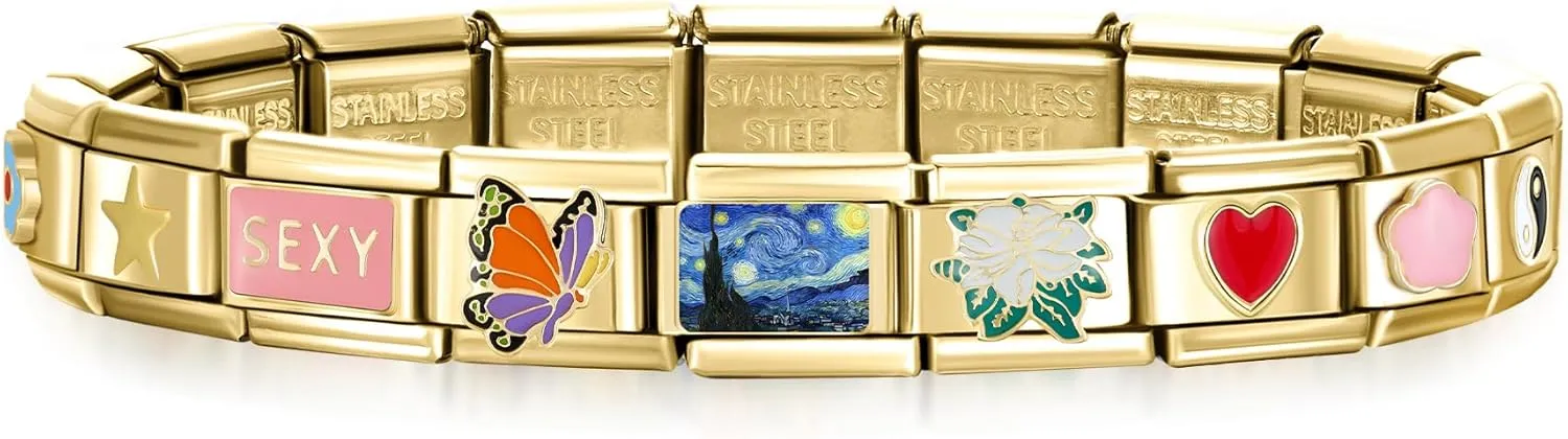 SWEETV Stainless Steel 18 Link Polish Italian Charm Bracelet with 1Pcs Starter Brascelet, 9Pcs Charms and Opening Tools, Classic 9mm Modular Charm, Personalized Jewelry Gift