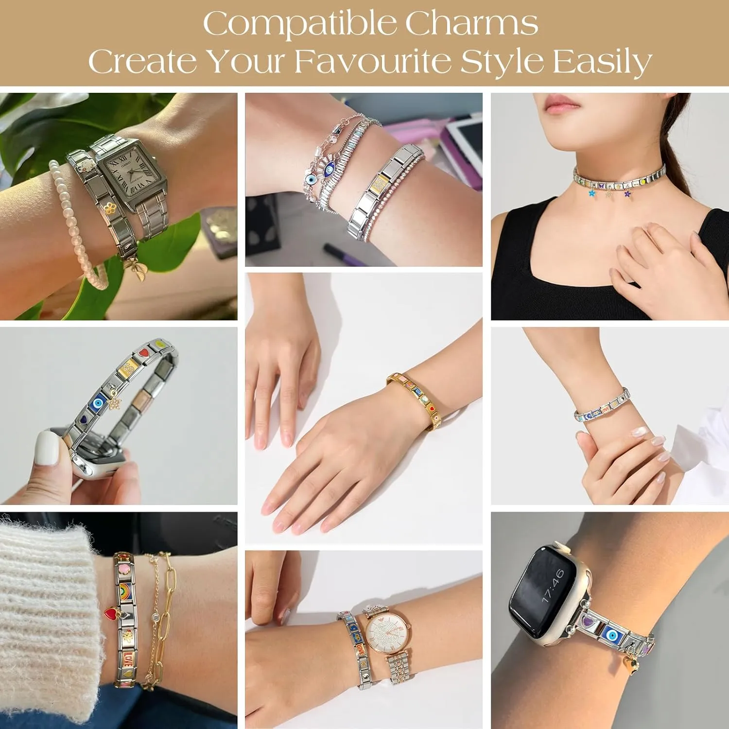 SWEETV Stainless Steel 18 Link Polish Italian Charm Bracelet with 1Pcs Starter Brascelet, 9Pcs Charms and Opening Tools, Classic 9mm Modular Charm, Personalized Jewelry Gift