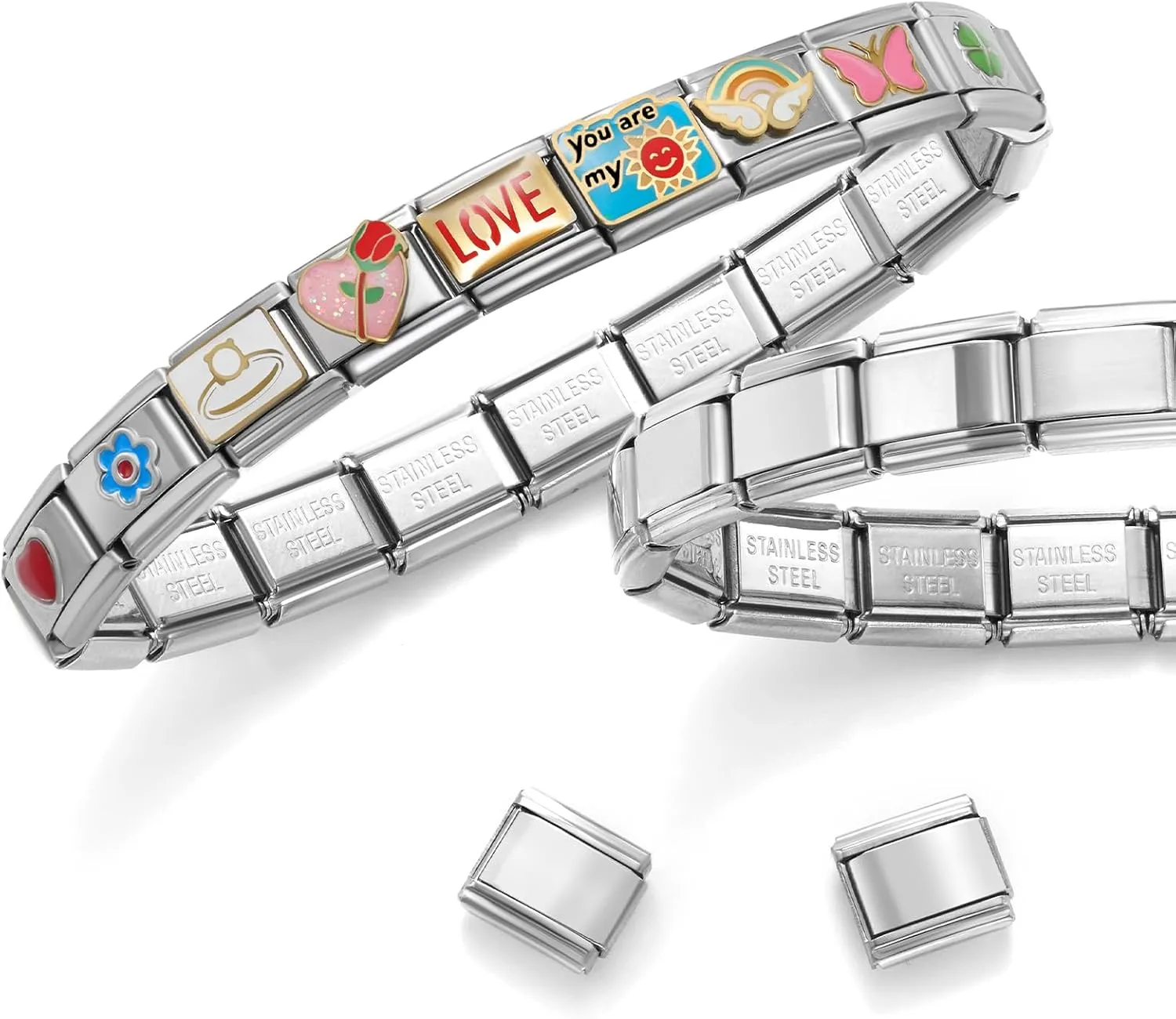 SWEETV Stainless Steel 18 Link Polish Italian Charm Bracelet with 1Pcs Starter Brascelet, 9Pcs Charms and Opening Tools, Classic 9mm Modular Charm, Personalized Jewelry Gift