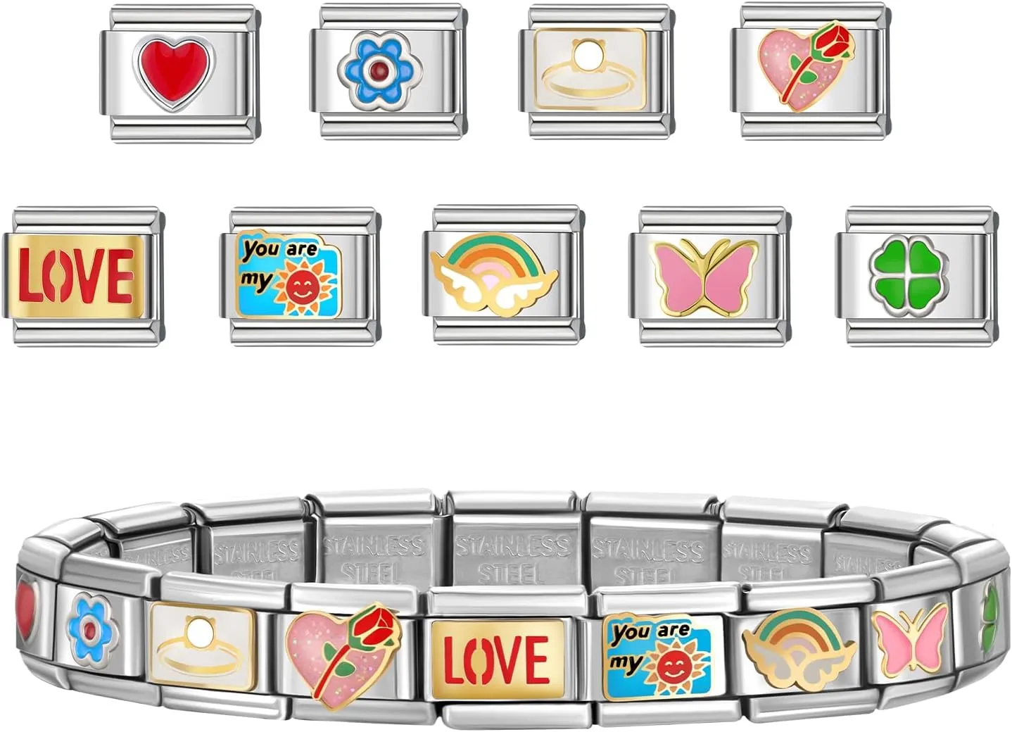 SWEETV Stainless Steel 18 Link Polish Italian Charm Bracelet with 1Pcs Starter Brascelet, 9Pcs Charms and Opening Tools, Classic 9mm Modular Charm, Personalized Jewelry Gift