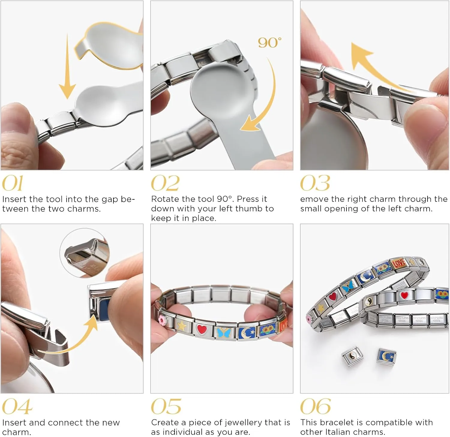 SWEETV Stainless Steel 18 Link Polish Italian Charm Bracelet with 1Pcs Starter Brascelet, 9Pcs Charms and Opening Tools, Classic 9mm Modular Charm, Personalized Jewelry Gift