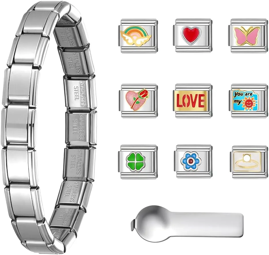 SWEETV Stainless Steel 18 Link Polish Italian Charm Bracelet with 1Pcs Starter Brascelet, 9Pcs Charms and Opening Tools, Classic 9mm Modular Charm, Personalized Jewelry Gift