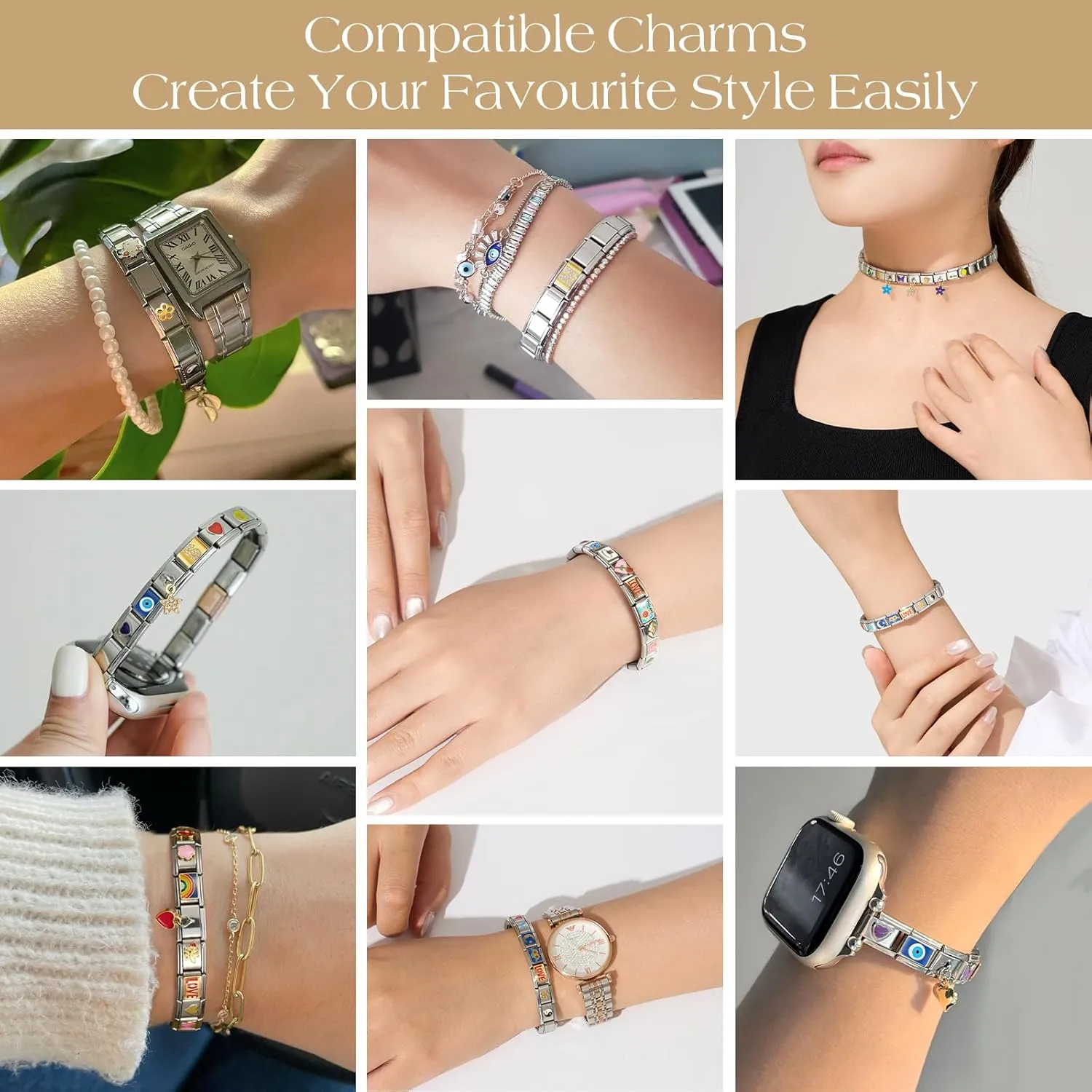 SWEETV Stainless Steel 18 Link Polish Italian Charm Bracelet with 1Pcs Starter Brascelet, 9Pcs Charms and Opening Tools, Classic 9mm Modular Charm, Personalized Jewelry Gift
