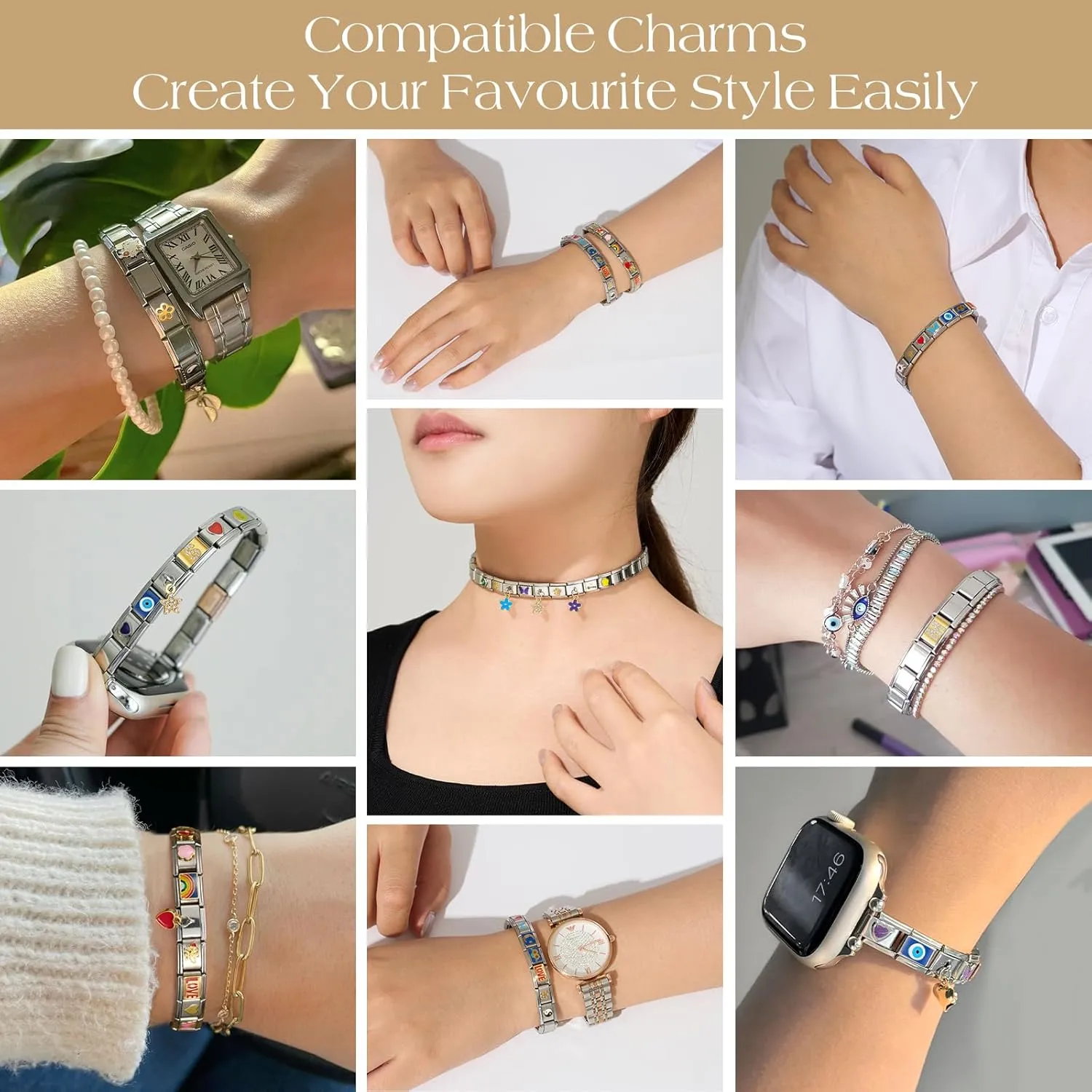 SWEETV Stainless Steel 18 Link Polish Italian Charm Bracelet with 1Pcs Starter Brascelet, 9Pcs Charms and Opening Tools, Classic 9mm Modular Charm, Personalized Jewelry Gift