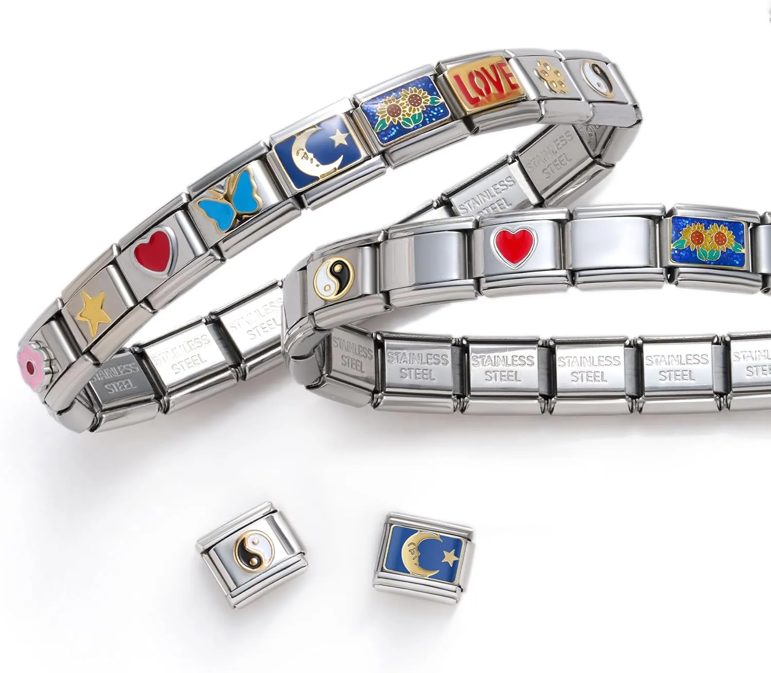 SWEETV Stainless Steel 18 Link Polish Italian Charm Bracelet with 1Pcs Starter Brascelet, 9Pcs Charms and Opening Tools, Classic 9mm Modular Charm, Personalized Jewelry Gift