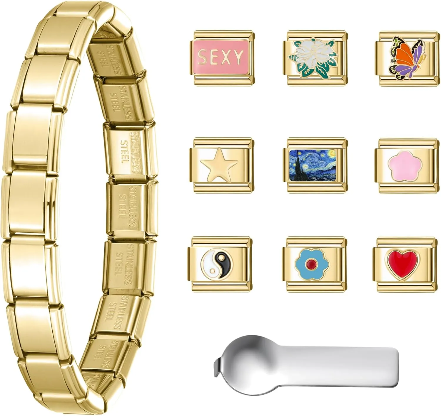 SWEETV Stainless Steel 18 Link Polish Italian Charm Bracelet with 1Pcs Starter Brascelet, 9Pcs Charms and Opening Tools, Classic 9mm Modular Charm, Personalized Jewelry Gift