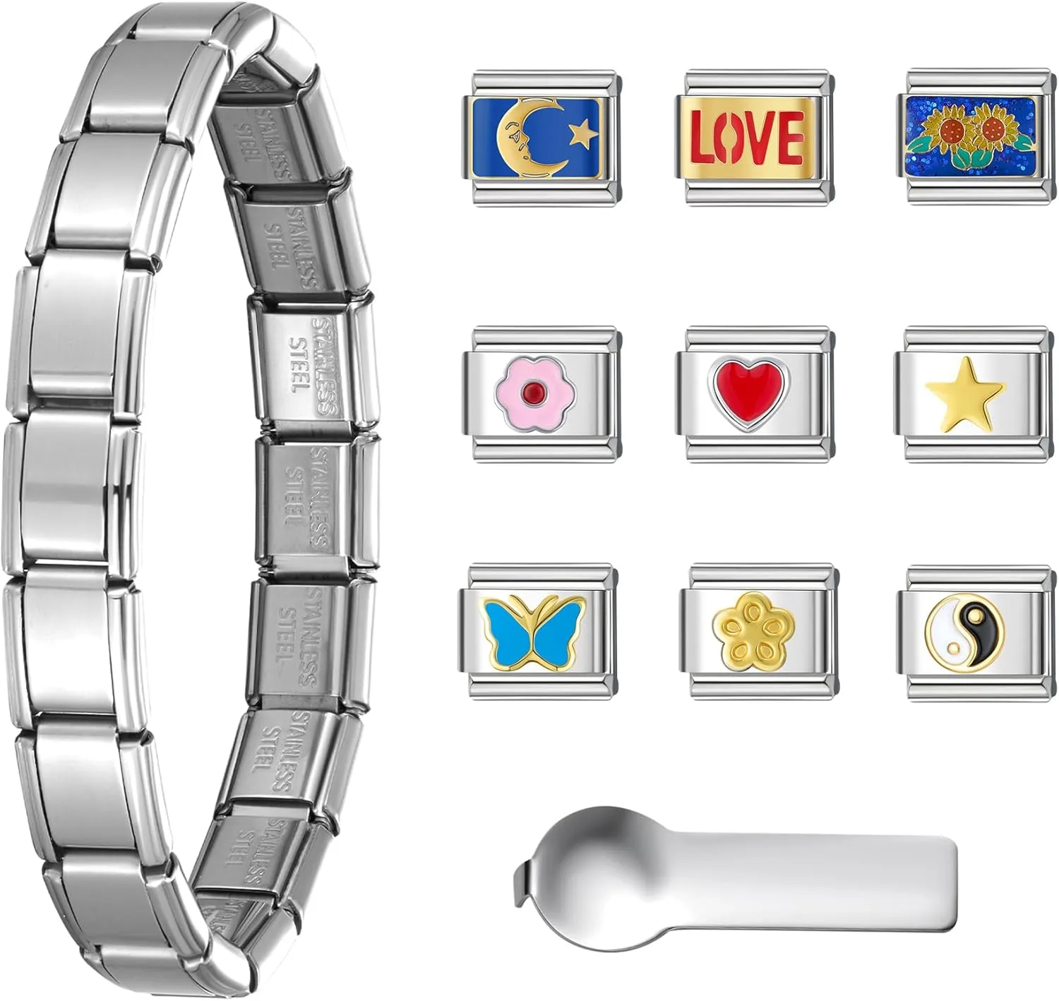 SWEETV Stainless Steel 18 Link Polish Italian Charm Bracelet with 1Pcs Starter Brascelet, 9Pcs Charms and Opening Tools, Classic 9mm Modular Charm, Personalized Jewelry Gift