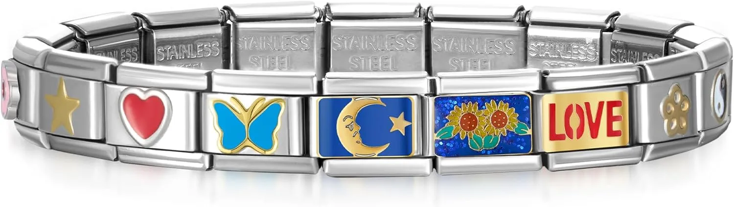 SWEETV Stainless Steel 18 Link Polish Italian Charm Bracelet with 1Pcs Starter Brascelet, 9Pcs Charms and Opening Tools, Classic 9mm Modular Charm, Personalized Jewelry Gift