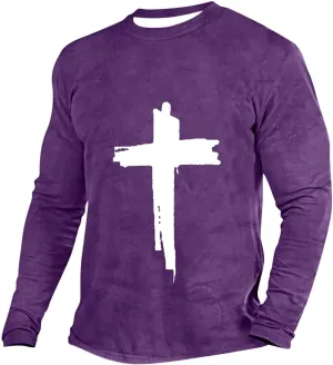 T-Shirts for Mens Jesus Cross Faith Casual Shirts Long Sleeve Crew Neck Christian Tops Comfy Soft Premium Blouses