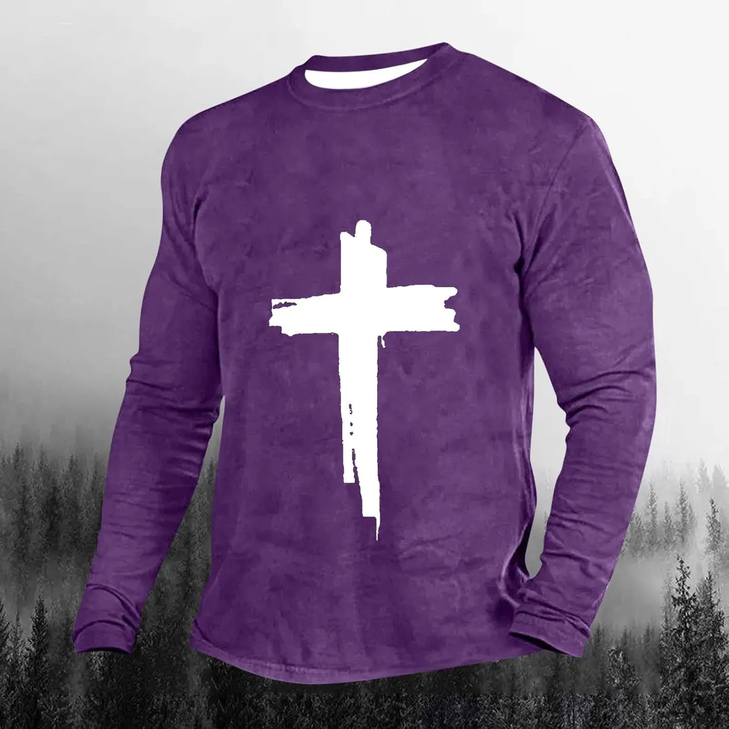 T-Shirts for Mens Jesus Cross Faith Casual Shirts Long Sleeve Crew Neck Christian Tops Comfy Soft Premium Blouses