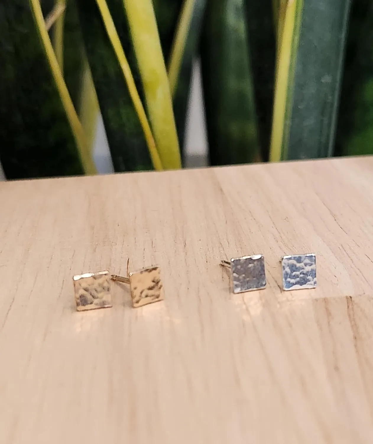 TINY Handmade Hammered Square Gold Stud Earrings Women and Girls Gifts (gold-filled)