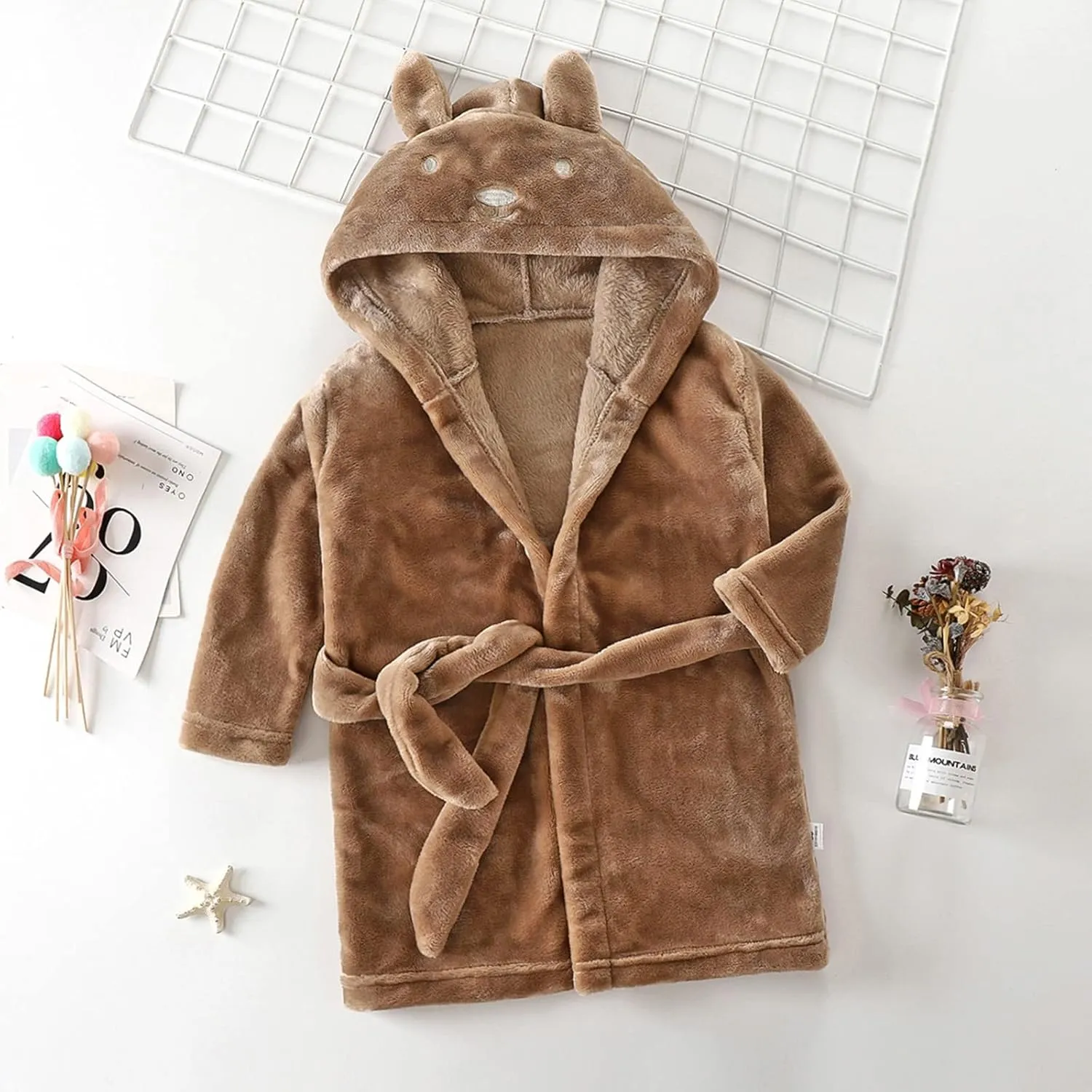 Toddler Kids Cute Bear Plush Bathros Hooded Warm Flannel Solid dress Indoor wear for Boys Girls