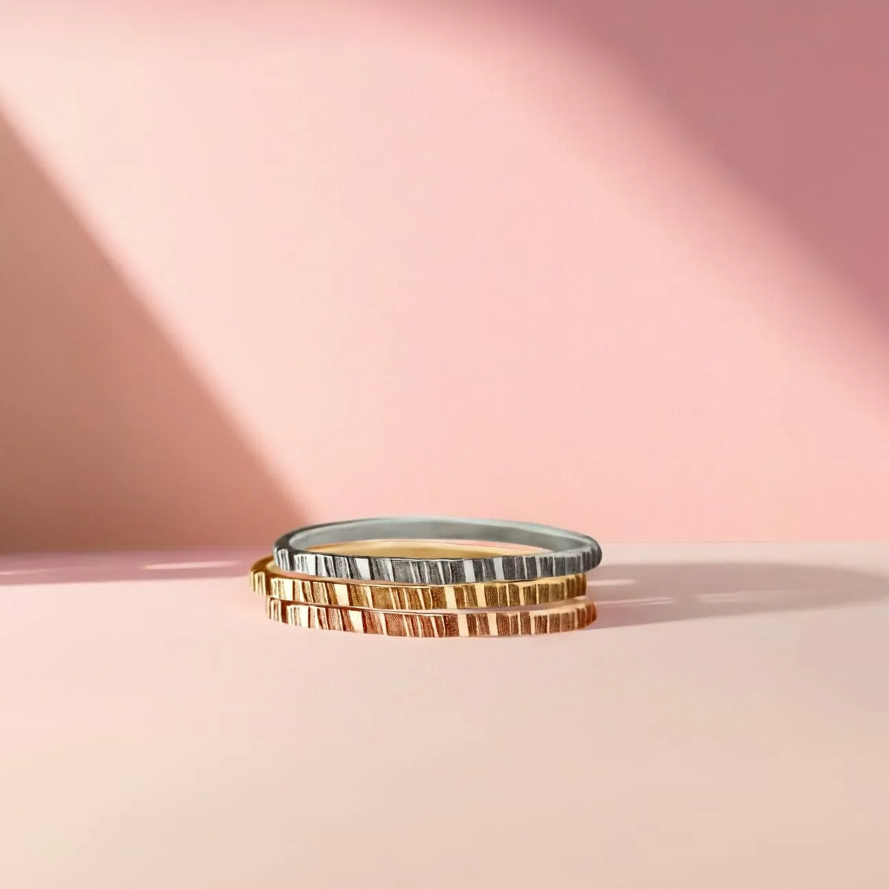 Trio of Rugged Stacking Rings | Set of 3 Mixed Metal Hammered Thin Skinny Ring Bands | Silver, Gold, Rose Gold | Lined Striped Stackable (5)